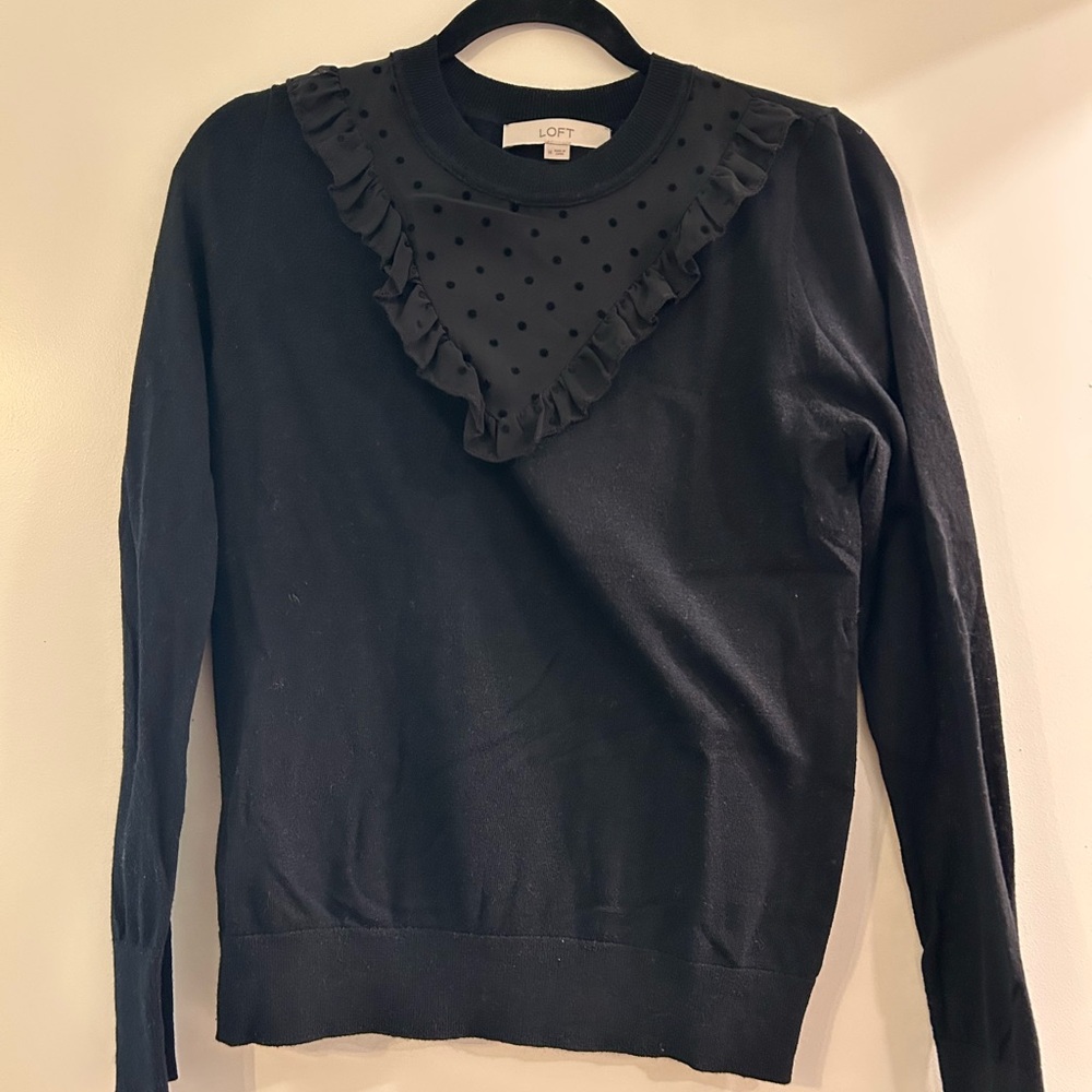 LOFT Black Sweater with Ruffle Accents